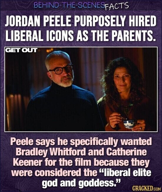 BEHIND-THE-SCENES FACTS JORDAN PEELE PURPOSELY HIRED LIBERAL ICONS AS THE PARENTS. GET OUT Peele says he specifically wanted Bradley Whitford and Catherine Keener for the film because they were considered the liberal elite god and goddess. CRACKED.COM