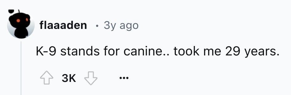 flaaaden . 3y ago K-9 stands for canine.. took me 29 years. 3K ...