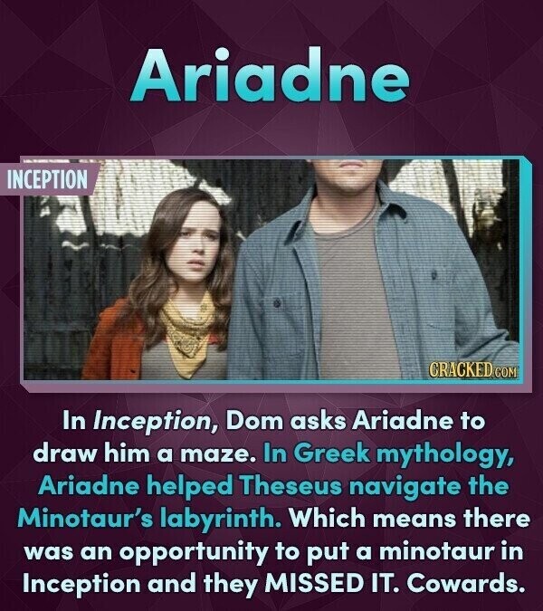 Ariadne - INCEPTION CRACKED COM In Inception, Dom asks Ariadne to draw him a maze. In Greek mythology, Ariadne helped Theseus navigate the Minotaur's labyrinth. Which means there was an opportunity to put a minotaur in Inception and they MISSED IT. Cowards.