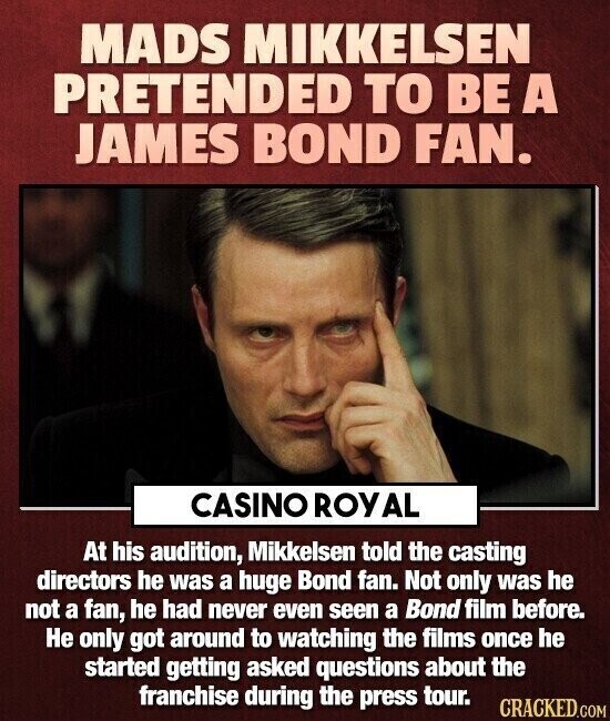 MADS MIKKELSEN PRETENDED TO BE A JAMES BOND FAN. CASINO ROYAL At his audition, Mikkelsen told the casting directors he was a huge Bond fan. Not only was he not a fan, he had never even seen a Bond film before. Не only got around to watching the films once he started getting asked questions about the franchise during the press tour. CRACKED.COM