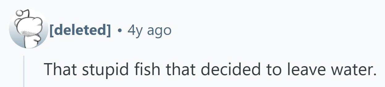 . 4y ago That stupid fish that decided to leave water.