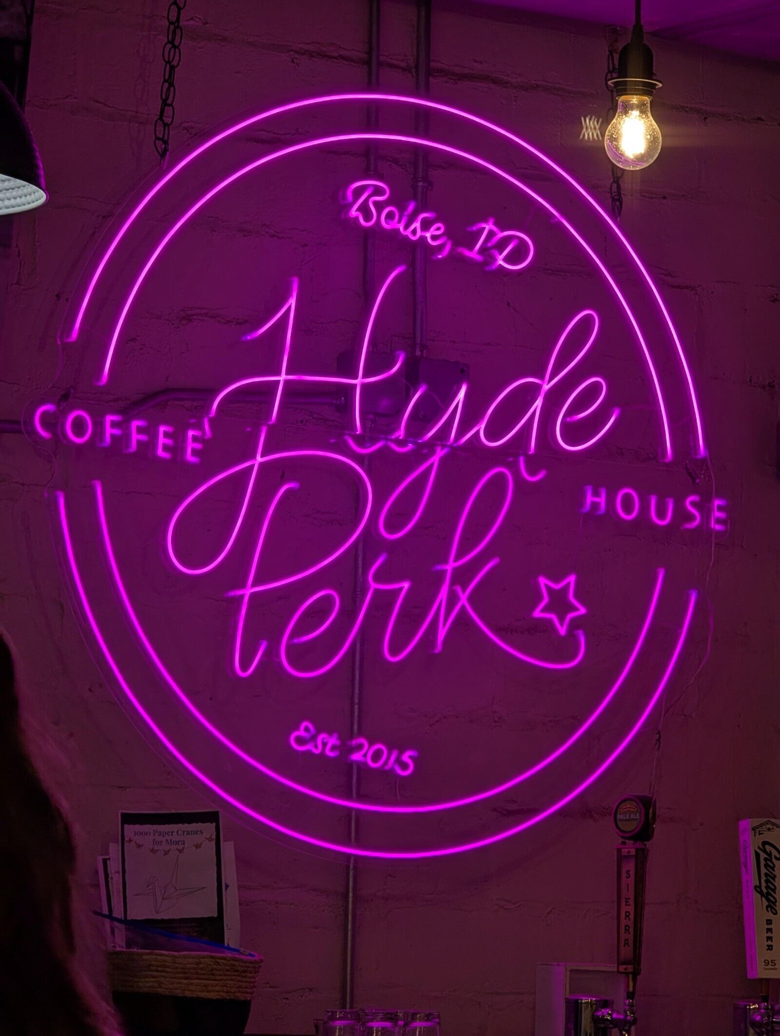 Boise, IP Hude Perk HOUSE COFFEE Est 2015 Garage BEER 95 PALE ALE 1000 Paper Cranes for Mora SIERRA