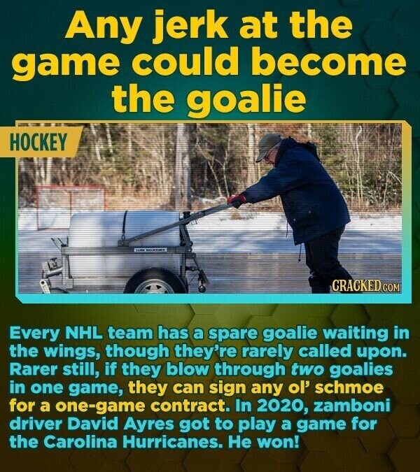 Any jerk at the game could become the goalie HOCKEY COME CRACKED.COM Every NHL team has a spare goalie waiting in the wings, though they're rarely called upon. Rarer still, if they blow through two goalies in one game, they can sign any ol' schmoe for a one-game contract. In 2020, zamboni driver David Ayres got to play a game for the Carolina Hurricanes. Не won!