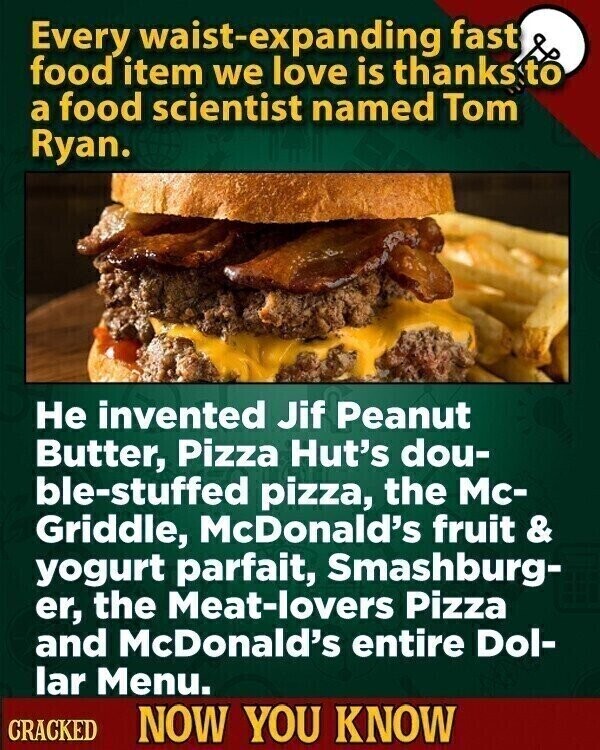Every waist-expanding fast food item we love is thanks to a food scientist named Tom Ryan. Не invented Jif Peanut Butter, Pizza Hut's dou- ble-stuffed pizza, the Mc- Griddle, McDonald's fruit & yogurt parfait, Smashburg- er, the Meat-lovers Pizza and McDonald's entire Dol- lar Menu. CRACKED NOW YOU KNOW
