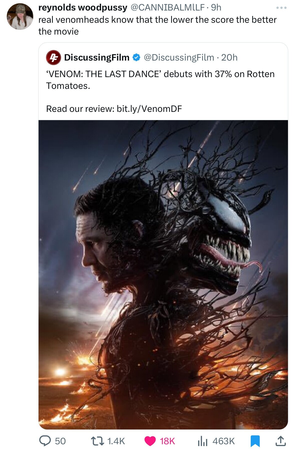 reynolds woodpussy @CANNIBALMILF. 9h real venomheads know that the lower the score the better the movie DF DiscussingFilm @DiscussingFilm.20h 'VENOM: THE LAST DANCE' debuts with 37% on Rotten Tomatoes. Read our review: bit.ly/VenomDF 50 1.4K 18K 463K