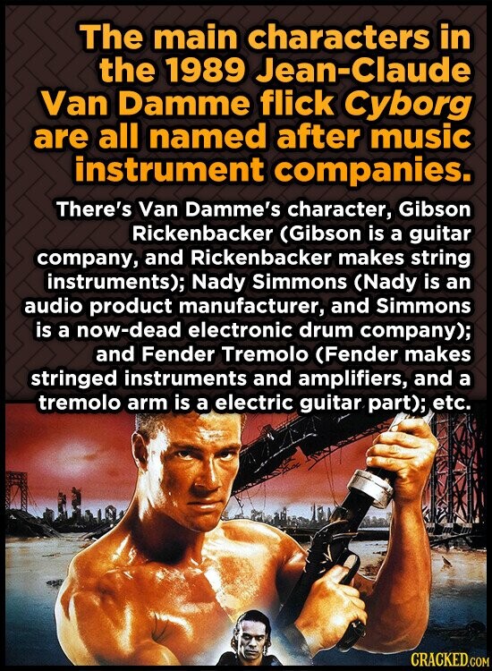 The main characters in the 1989 Jean-Claude Van Damme flick Cyborg are all named after music instrument companies. There's Van Damme's character, Gibson Rickenbacker (Gibson is a guitar company, and Rickenbacker makes string instruments); Nady Simmons (Nady is an audio product manufacturer, and Simmons is a now-dead electronic drum company); and Fender Tremolo (Fender makes stringed instruments and amplifiers, and a tremolo arm is a electric guitar part); etc. CRACKED.COM