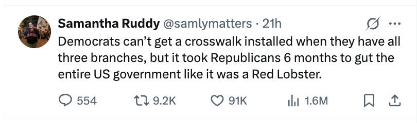 AW Samantha Ruddy @samlymatters - . 21h ... Democrats can't get a crosswalk installed when they have all three branches, but it took Republicans 6 months to gut the entire US government like it was a Red Lobster. 554 9.2K 91K 1.6M