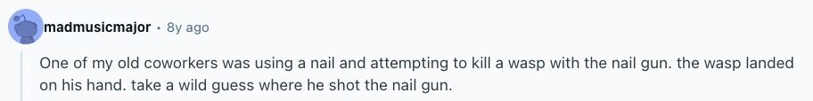 madmusicmajor 8y ago One of my old coworkers was using a nail and attempting to kill a wasp with the nail gun. the wasp landed on his hand. take a wild guess where he shot the nail gun. 