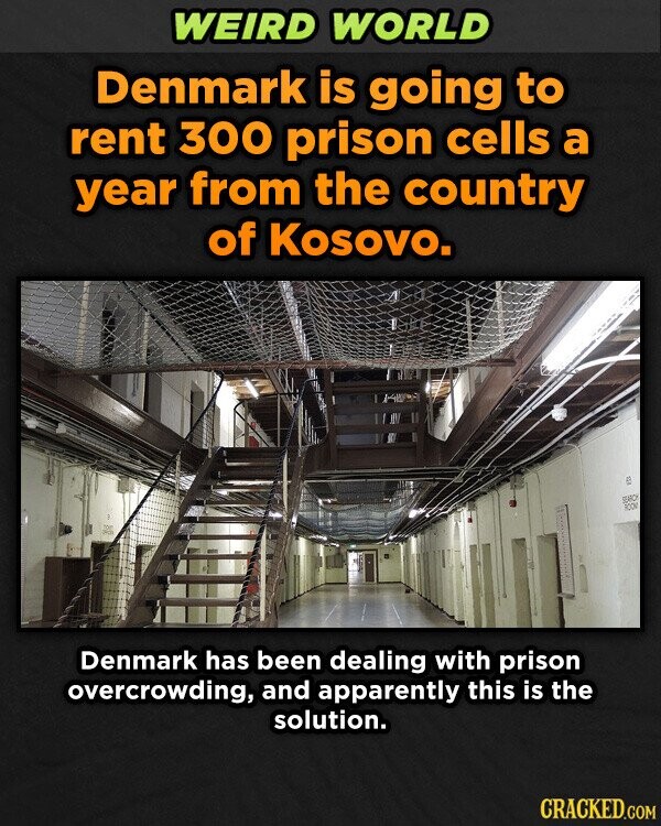 WEIRD WORLD Denmark is going to rent 300 prison cells a year from the country of Kosovo. e ROOM Denmark has been dealing with prison overcrowding, and apparently this is the solution. CRACKED.COM
