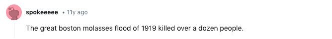 spokeeeee . 11y ago The great boston molasses flood of 1919 killed over a dozen people.