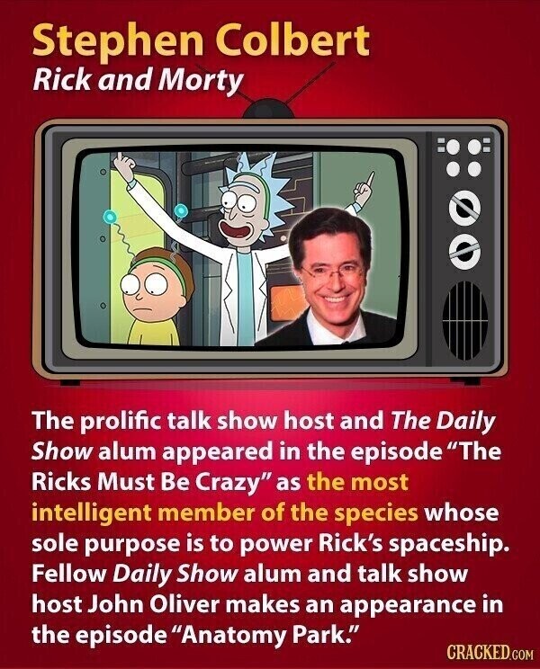 Stephen Colbert Rick and Morty The prolific talk show host and The Daily Show alum appeared in the episode The Ricks Must Be Crazy as the most intelligent member of the species whose sole purpose is to power Rick's spaceship. Fellow Daily Show alum and talk show host John Oliver makes an appearance in the episode Anatomy Park. CRACKED.COM