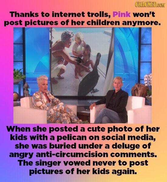 GRAGKED.COM Thanks to internet trolls, Pink won't post pictures of her children anymore. When she posted a cute photo of her kids with a pelican on social media, she was buried under a deluge of angry anti-circumcision comments. The singer vowed never to post pictures of her kids again.