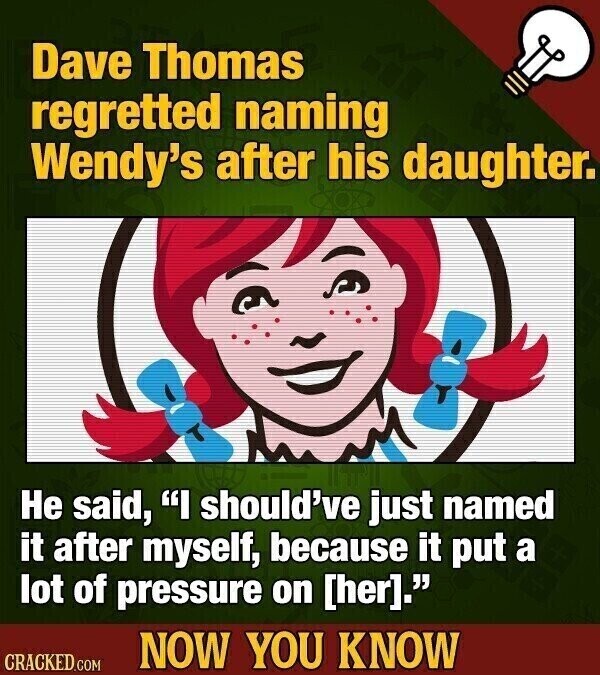 Dave Thomas regretted naming Wendy's after his daughter. Не said, I should've just named it after myself, because it put a lot of pressure on . NOW YOU KNOW CRACKED.COM