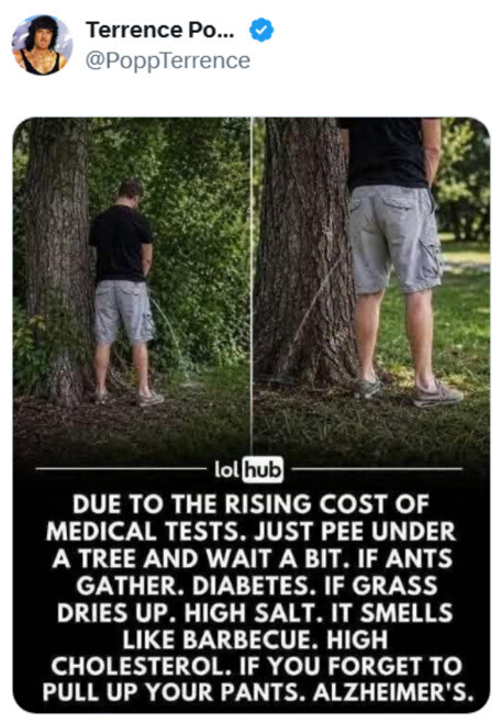Terrence Po... @PoppTerrence lol hub DUE TO THE RISING COST OF MEDICAL TESTS. JUST PEE UNDER A TREE AND WAIT A BIT. IF ANTS GATHER. DIABETES. IF GRASS DRIES UP. HIGH SALT. IT SMELLS LIKE BARBECUE. HIGH CHOLESTEROL. IF YOU FORGET TO PULL UP YOUR PANTS. ALZHEIMER'S. 