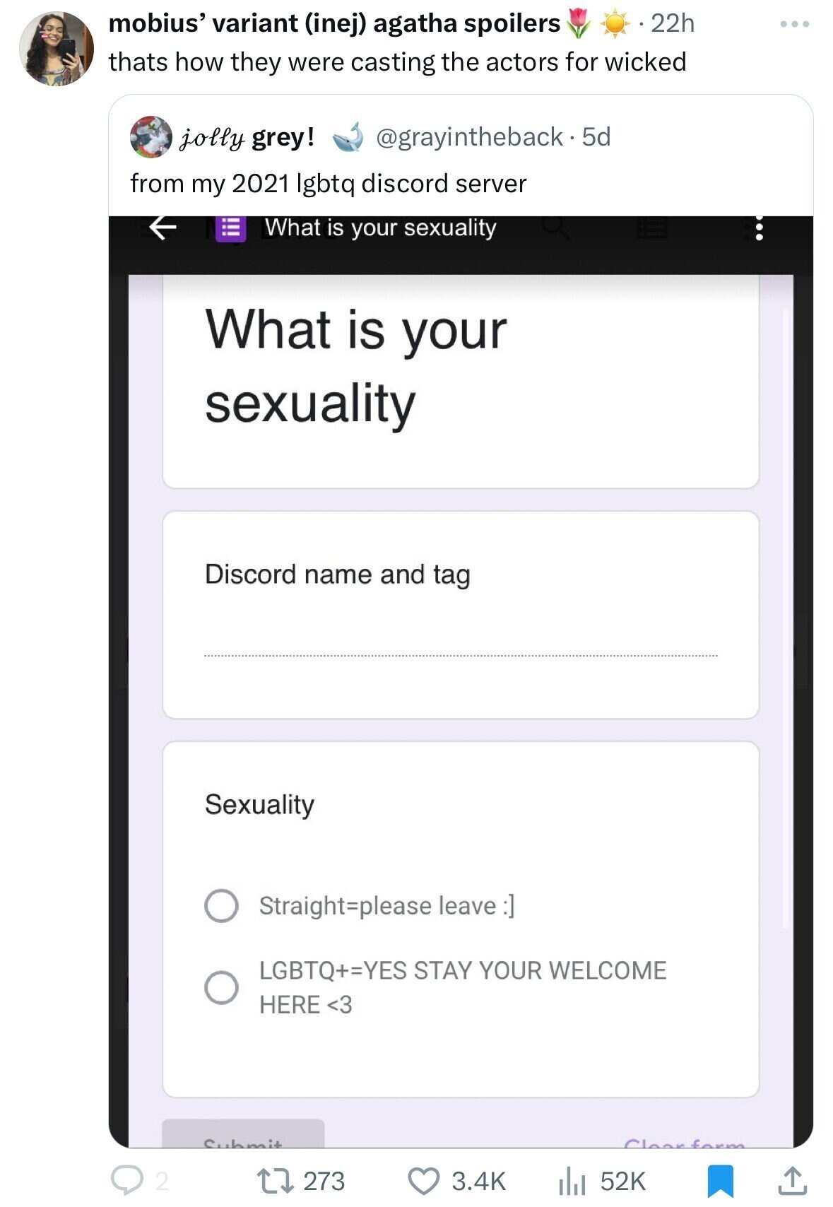 mobius' variant (inej) agatha spoilers 22h thats how they were casting the actors for wicked @grayintheback-5 5d jolly grey! from my 2021 lgbtq discord server What is your sexuality What is your sexuality Discord name and tag Sexuality Straight=please leave :] LGBTQ+=YES STAY YOUR WELCOME HERE <3 Submit Clenrform 2 273 3.4K 52K 