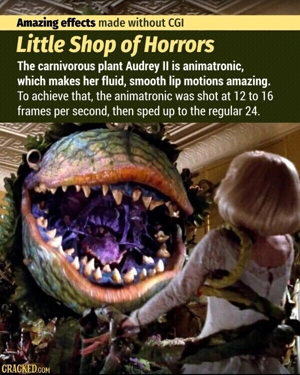 Amazing effects made without CGI Little Shop of Horrors The carnivorous plant Audrey II is animatronic, which makes her fluid, smooth lip motions amazing. To achieve that, the animatronic was shot at 12 to 16 frames per second, then sped up to the regular 24. CRACKED.COM