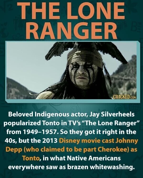 THE LONE RANGER BE CRACKED.COM Beloved Indigenous actor, Jay Silverheels popularized Tonto in TV's The Lone Ranger from 1949-1957. So they got it right in the 40s, but the 2013 Disney movie cast Johnny Depp (who claimed to be part Cherokee) as Tonto, in what Native Americans everywhere saw as brazen whitewashing.