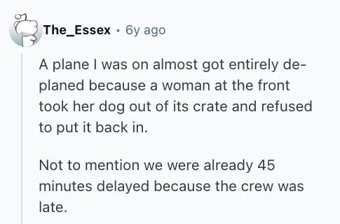 The_Essex . 6y ago A plane I was on almost got entirely de- planed because a woman at the front took her dog out of its crate and refused to put it back in. Not to mention we were already 45 minutes delayed because the crew was late. 