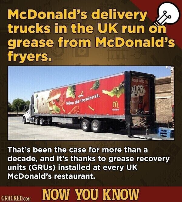 McDonald's delivery trucks in the UK run on grease from McDonald's fryers. through traffic - follow the freshness, M That's been the case for more than a decade, and it's thanks to grease recovery units (GRUs) installed at every UK McDonald's restaurant. NOW YOU KNOW CRACKED.COM