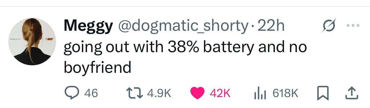 Meggy @dogmatic_shorty 22h BIC going out with 38% battery and no boyfriend 46 4.9K 42K 618K