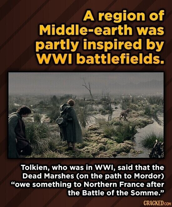 A region of Middle-earth was partly inspired by WWI battlefields. Tolkien, who was in WWI, said that the Dead Marshes (on the path to Mordor) owe something to Northern France after the Battle of the Somme. CRACKED.COM
