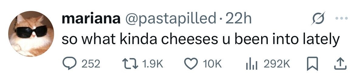 mariana @pastapilled 22h so what kinda cheeses u been into lately 252 1.9K 10K 292K