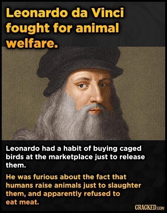 Leonardo da Vinci fought for animal welfare. Leonardo had a habit of buying caged birds at the marketplace just to release them. Не was furious about the fact that humans raise animals just to slaughter them, and apparently refused to eat meat. CRACKED.COM