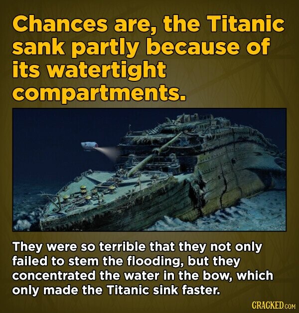 Chances are, the Titanic sank partly because of its watertight compartments. They were so terrible that they not only failed to stem the flooding, but they concentrated the water in the bow, which only made the Titanic sink faster. CRACKED.COM