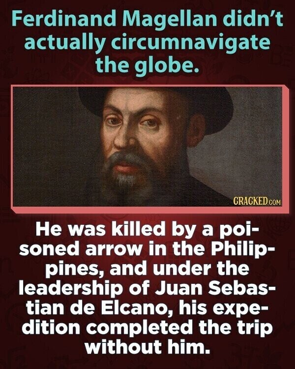 Ferdinand Magellan didn't actually circumnavigate the globe. CRACKED.COM Не was killed by a poi- soned arrow in the Philip- pines, and under the leadership of Juan Sebas- tian de Elcano, his expe- dition completed the trip without him.