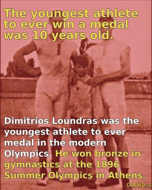 The youngest athlete to ever win a medal was 10 years old. Dimitrios Loundras was the youngest athlete to ever medal in the modern Olympics. Не won bronze in gymnastics at the 1896 Summer Olympics in Athens. CRACKED.COM
