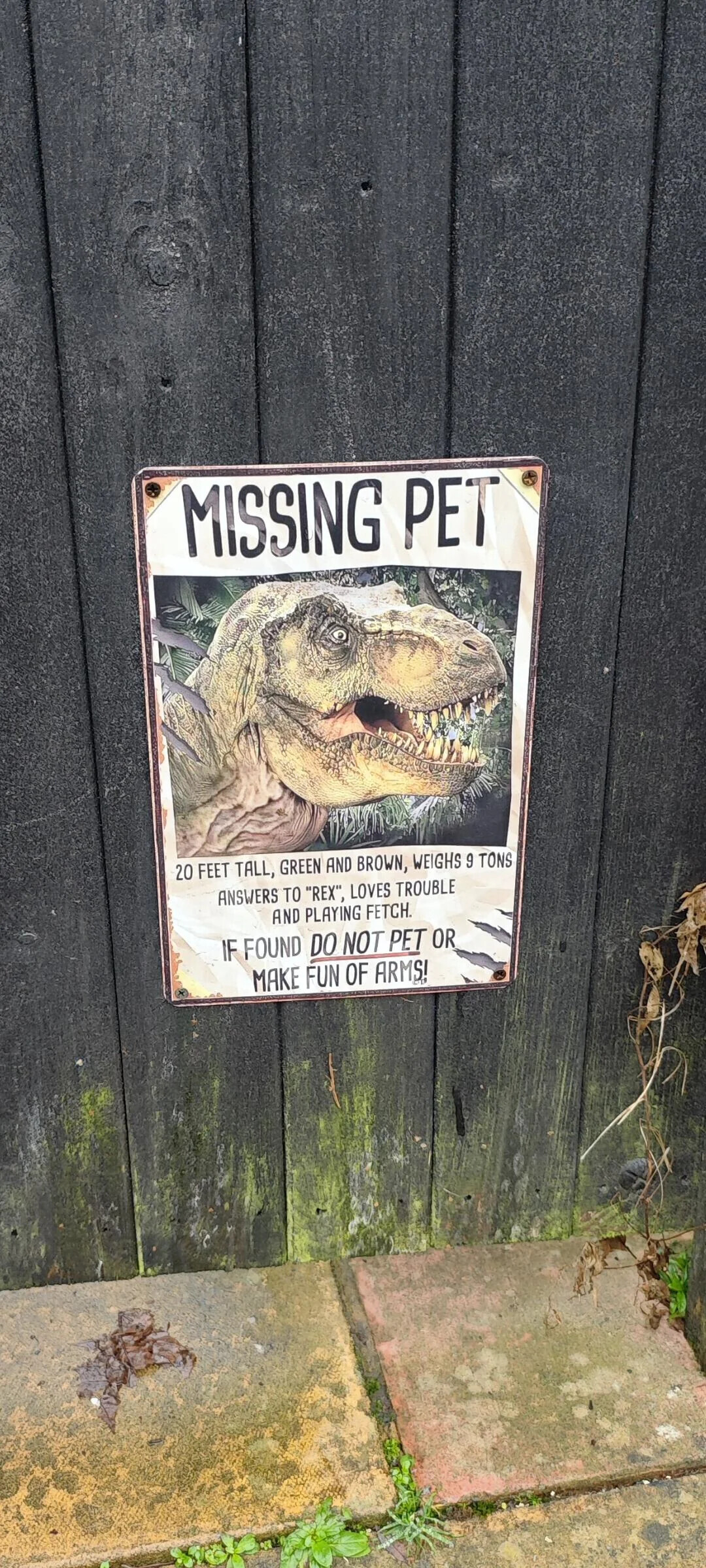 MISSING PET 20 FEET TALL, GREEN AND BROWN, WEIGHS 9 TONS ANSWERS TO REX, LOVES TROUBLE AND PLAYING FETCH. IF FOUND DO NOT PET OR MAKE FUN OF ARMS!