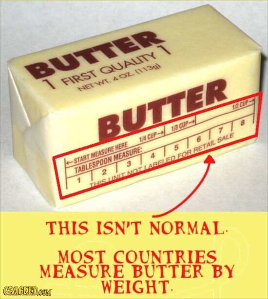 BUTTER 1 FIRST QUALITY 1 NET WT. 4OZ. (113g) BUTTER START MEASURE HERE 1/4 CUP 1 1/3 CUP 1/2 CUP TABLESPOON MEASURE: 1 2 7 3 8 4 5 THIS UNIT NOT L ABEL ED FOR RETAIL 6 SALE THIS ISN'T NORMAL MOST COUNTRIES MEASURE BUTTER BY GRACKED.COM WEIGHT