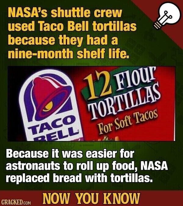 NASA's shuttle crew used Taco Bell tortillas because they had a nine-month shelf life. 12 Flour TORTILLAS For Soft Tacos TACO BELL Because it was easier for astronauts to roll up food, NASA replaced bread with tortillas. NOW YOU KNOW CRACKED.COM