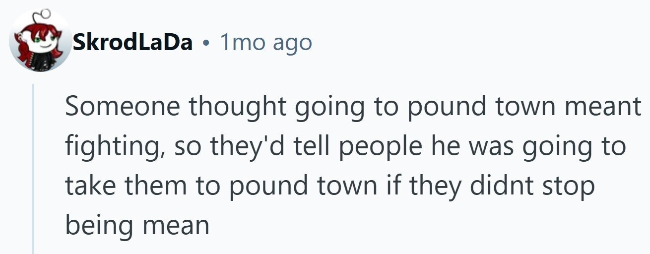 SkrodLaDa . 1mo ago Someone thought going to pound town meant fighting, so they'd tell people he was going to take them to pound town if they didnt stop being mean 