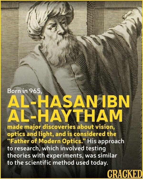 Born in 965, AL-HASAN IBN AL-HAYTHAM made major discoveries about vision, optics and light, and is considered the Father of Modern Optics. His approach to research, which involved testing theories with experiments, was similar to the scientific method used today. CRACKED