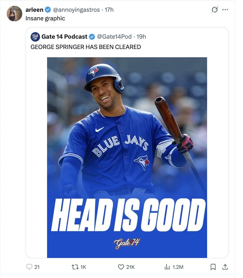 arleen G ... @annoyingastros 17h Insane graphic Gate HLO Gate 14 Podcast @Gate14Pod 19h GEORGE SPRINGER HAS BEEN CLEARED BLUE JAYS HEAD IS GOOD Gate 14 21 J 1K 21K del 1.2M 