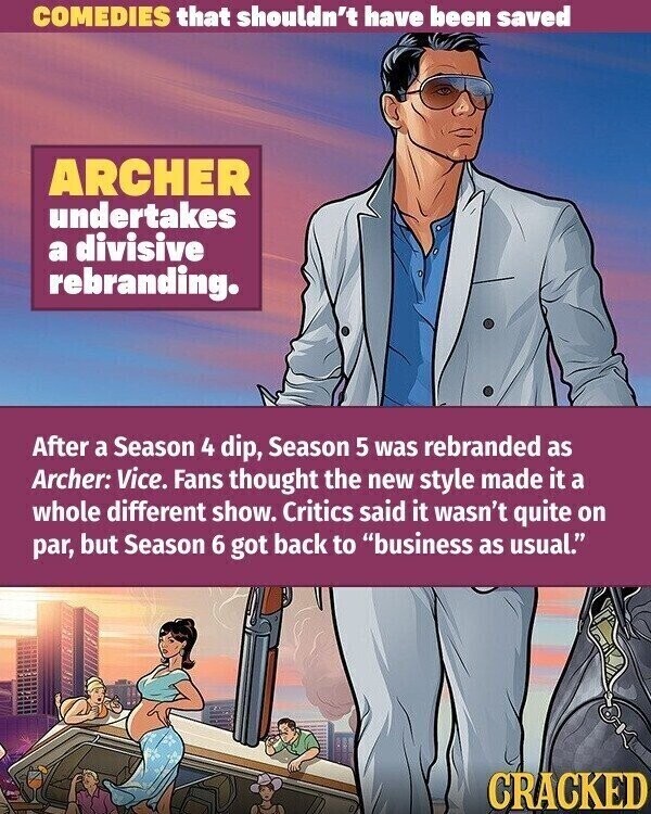 COMEDIES that shouldn't have been saved ARCHER undertakes a divisive rebranding. After a Season 4 dip, Season 5 was rebranded as Archer: Vice. Fans thought the new style made it a whole different show. Critics said it wasn't quite on par, but Season 6 got back to business as usual. CRACKED