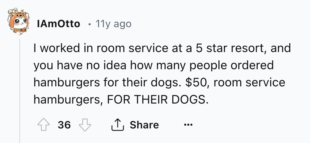 IAmOtto 11y ago I worked in room service at a 5 star resort, and you have no idea how many people ordered hamburgers for their dogs. $50, room service hamburgers, FOR THEIR DOGS. 36 Share ... 