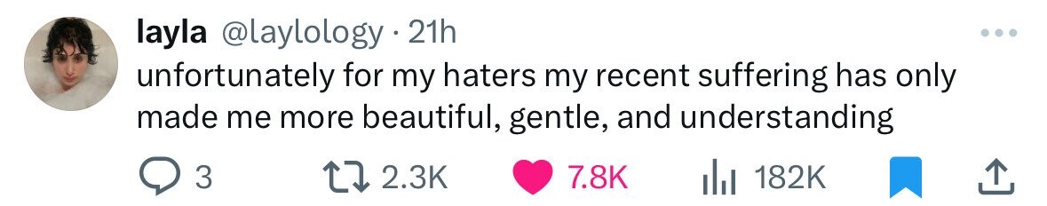 layla @laylology. 21h unfortunately for my haters my recent suffering has only made me more beautiful, gentle, and understanding 3 2.3K 7.8K 182K