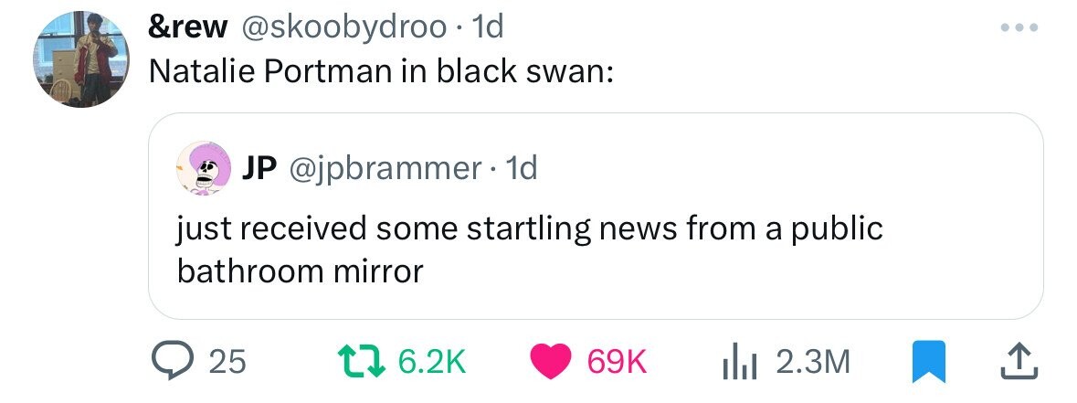 &rew @skoobydroo 1d Natalie Portman in black swan: JP @jpbrammer. 1d just received some startling news from a public bathroom mirror 25 6.2K 69K 2.3M