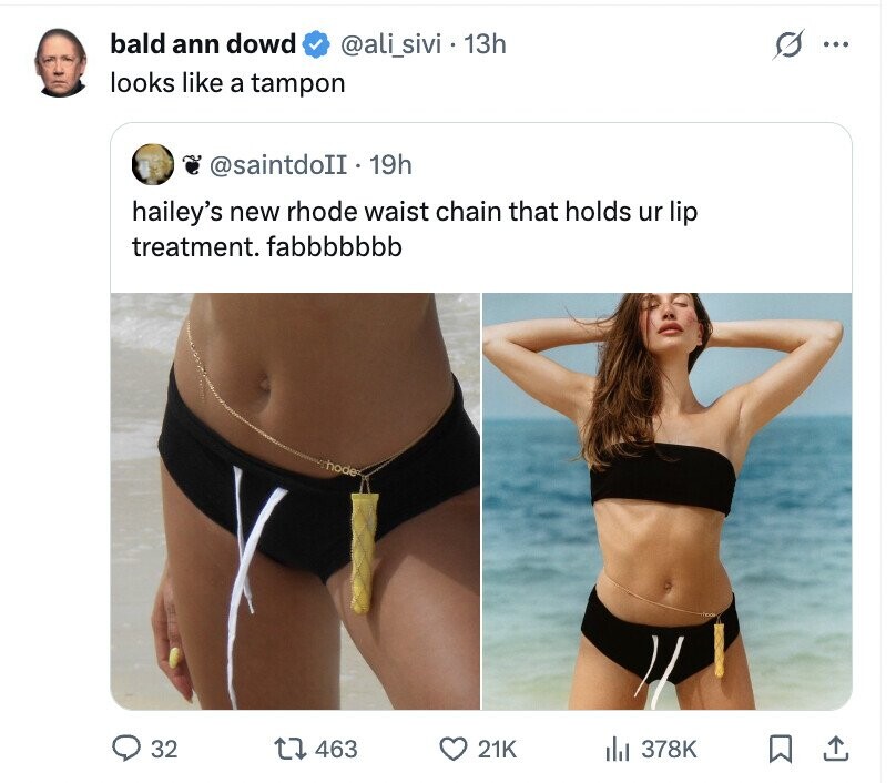 bald ann dowd @ali_sivi . . 13h s ... looks like a tampon @saintdoII.19h hailey's new rhode waist chain that holds ur lip treatment. fabbbbbbb hode 32 463 21K del 378K