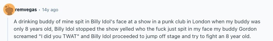 remvegas 14y ago A drinking buddy of mine spit in Billy Idol's face at a show in a punk club in London when my buddy was only 8 years old, Billy Idol stopped the show yelled who the fuck just spit in my face my buddy Gordon screamed I did you TWAT and Billy Idol proceeded to jump off stage and try to fight an 8 year old. 