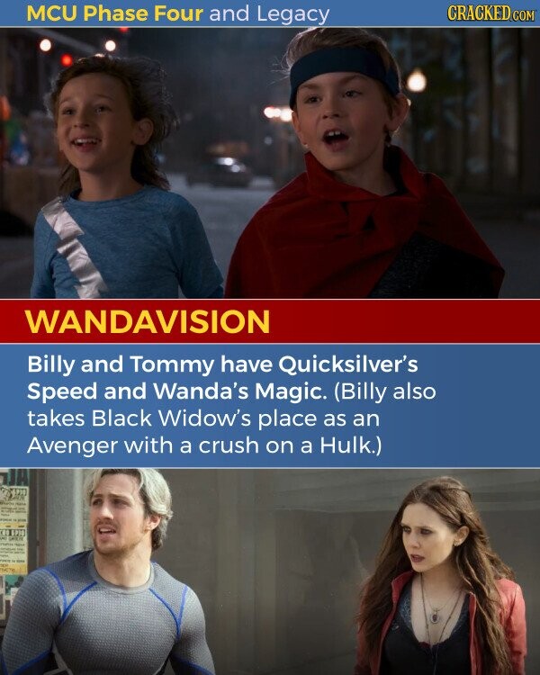 MCU Phase Four and Legacy GRACKED COM WANDAVISION Billy and Tommy have Quicksilver's Speed and Wanda's Magic. (Billy also takes Black Widow's place as an Avenger with a crush on a Hulk.)