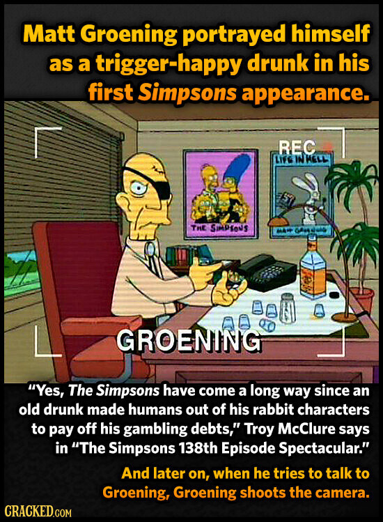 Matt Groening portrayed himself as a trigger-happy drunk in his first Simpsons appearance. REC LIFE IN HELL THE SIMPSONS كات MA*P GROENING Yes, The Simpsons have come a long way since an old drunk made humans out of his rabbit characters to pay off his gambling debts, Troy McClure says in The Simpsons 138th Episode Spectacular. And later on, when he tries to talk to Groening, Groening shoots the camera. CRACKED.COM
