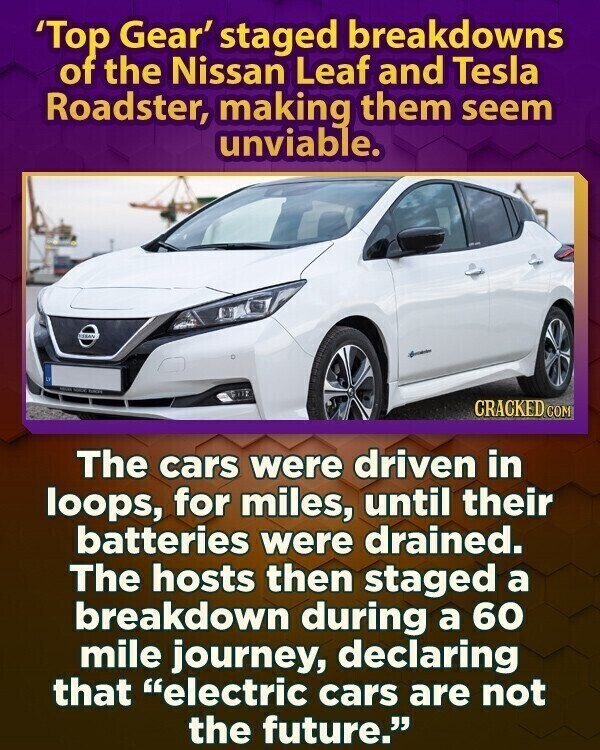 'Top Gear' staged breakdowns of the Nissan Leaf and Tesla Roadster, making them seem unviable. VEGAN CRACKED.COM The cars were driven in loops, for miles, until their batteries were drained. The hosts then staged a breakdown during a 60 mile journey, declaring that electric cars are not the future.