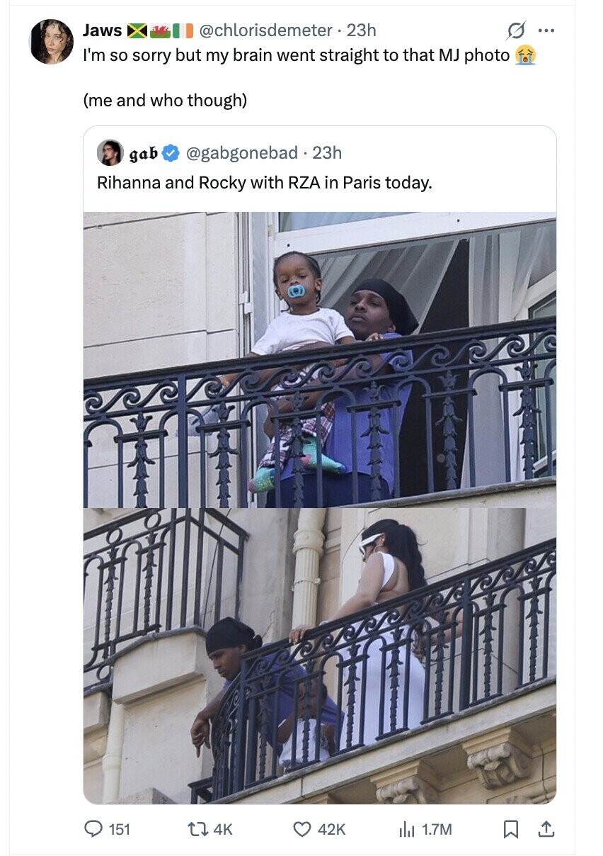Jaws @chlorisdemeter. 23h s ... I'm so sorry but my brain went straight to that MJ photo (me and who though) gab @gabgonebad.23h Rihanna and Rocky with RZA in Paris today. 151 4K 42K del 1.7M