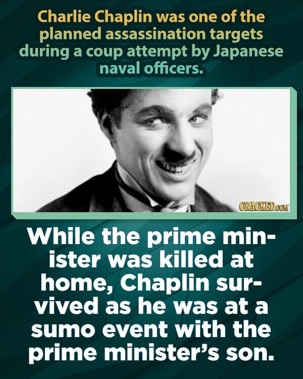 Charlie Chaplin was one of the planned assassination targets during a coup attempt by Japanese naval officers. GRAGKED.COM While the prime min- ister was killed at home, Chaplin sur- vived as he was at a sumo event with the prime minister's son.
