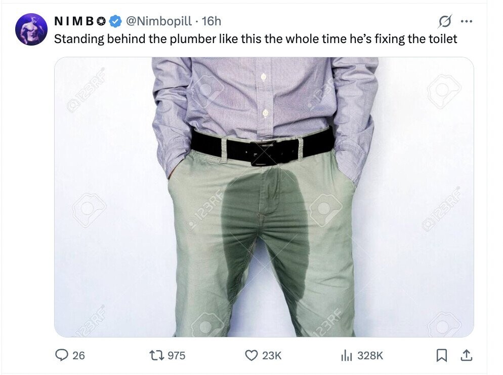 NIMB @Nimbopill - 16h s ... Standing behind the plumber like this the whole time he's fixing the toilet 123RF® g123R 123RF 123RF 123RF 123RF 26 975 23K del 328K 