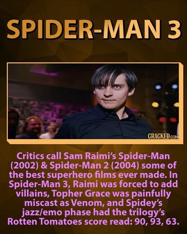 SPIDER-MAN 3 CRACKED.COM Critics call Sam Raimi's Spider-Man (2002) & Spider-Man 2 (2004) some of the best superhero films ever made. In Spider-Man 3, Raimi was forced to add villains, Topher Grace was painfully miscast as Venom, and Spidey's jazz/emo phase had the trilogy's Rotten Tomatoes score read: 90, 93, 63.