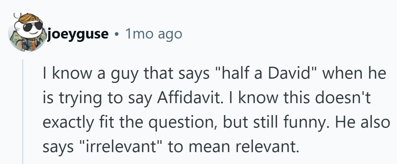 joeyguse . 1mo ago I know a guy that says half a David when he is trying to say Affidavit. | know this doesn't exactly fit the question, but still funny. Не also says irrelevant to mean relevant. 